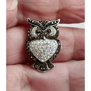 Signed AU 925 Sterling Silver Owl 1" Pendant Bling Sparkly